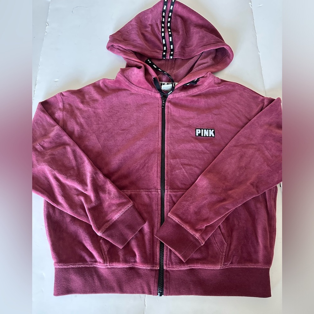 VS PINK Victorias Secret Maroon Velour Cropped Zip Up Sweater Size XS